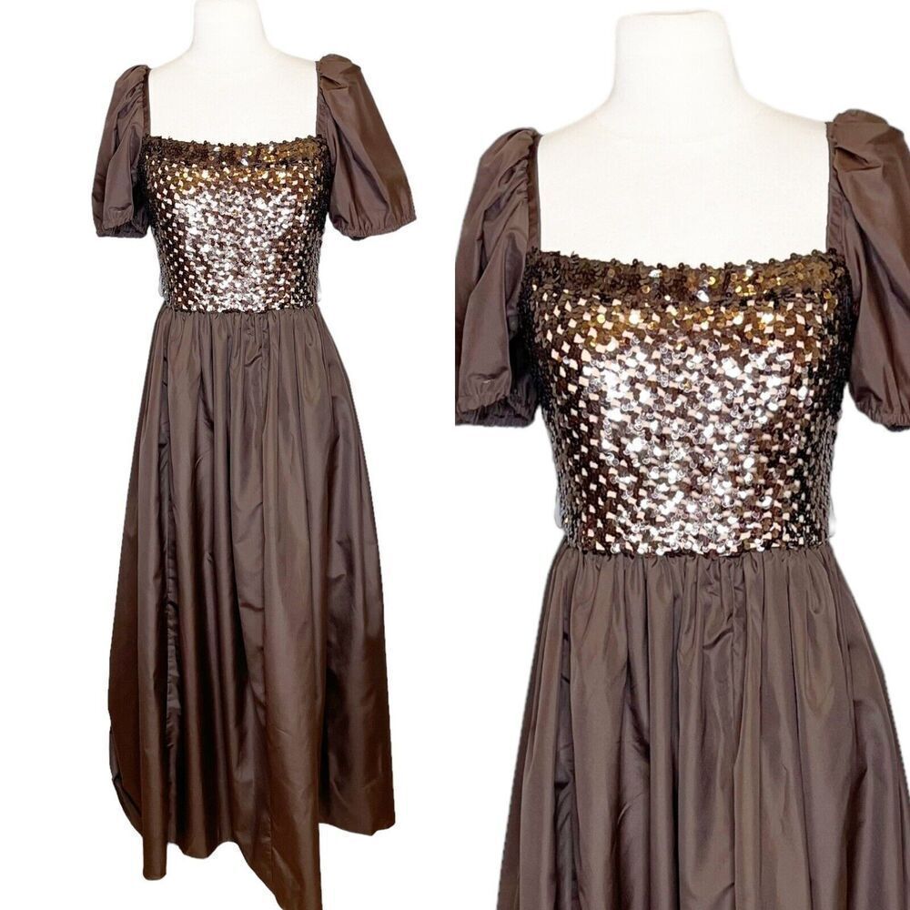 Vintage 70s Lilli Diamond S/M Formal Dress Brown Sequin Taffeta Gown Puff Sleeve